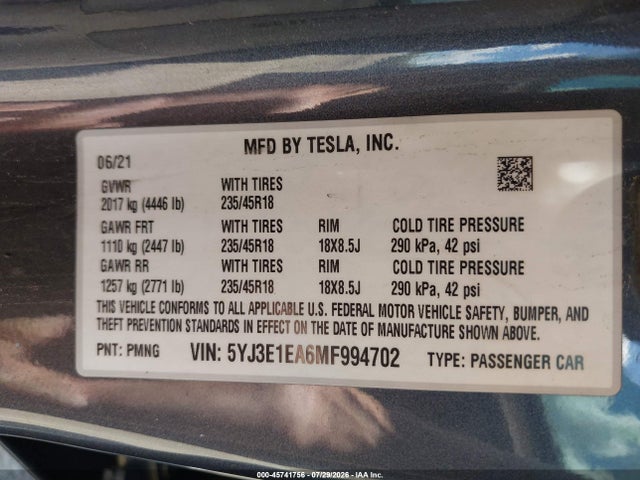 2021 Tesla MODEL 3 STANDARD RANGE PLUS REAR-WHEEL DRIVE — фото 9