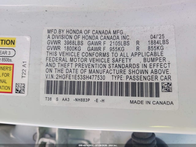 2025 HONDA CIVIC SI BASE W/HIGH PERFORMANCE SUMMER TIRES/ 9