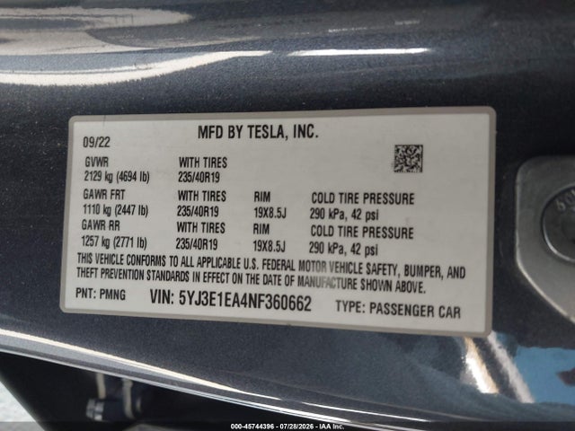2022 Tesla MODEL 3 REAR-WHEEL DRIVE 照片 9