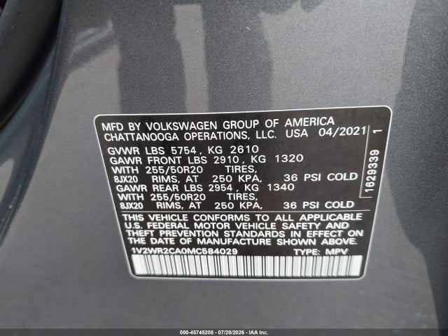 2021 VOLKSWAGEN ATLAS 3.6L V6 SE W/TECHNOLOGY 9