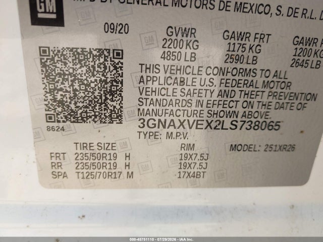 2020 CHEVROLET EQUINOX AWD LT 2.0L TURBO 9