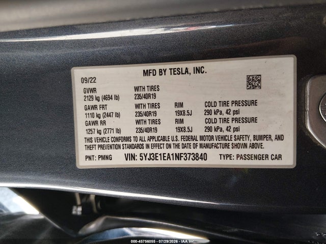 2022 Tesla MODEL 3 REAR-WHEEL DRIVE 照片 9