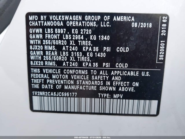 2018 VOLKSWAGEN ATLAS 3.6L V6 SEL PREMIUM 9