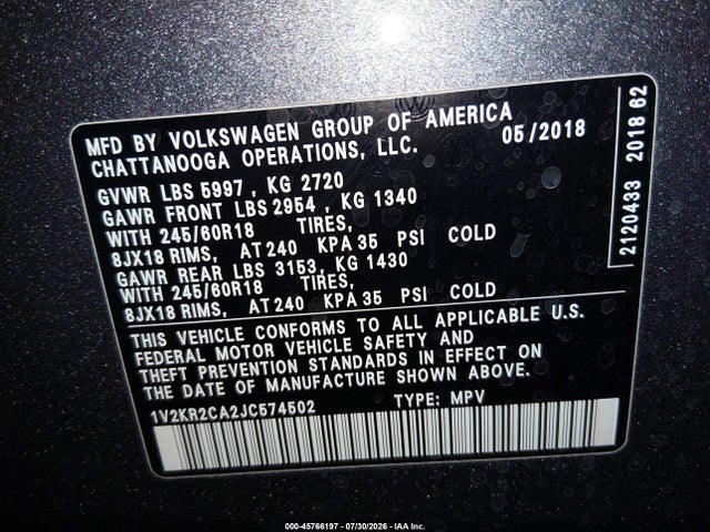 2018 VOLKSWAGEN ATLAS 3.6L V6 SE 9