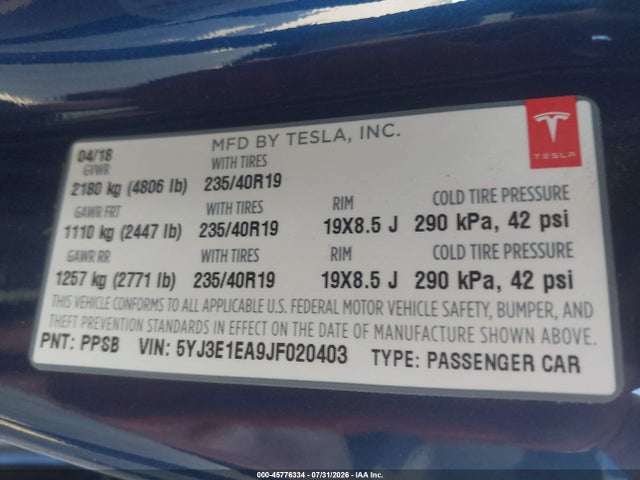 2018 TESLA MODEL 3 LONG RANGE/MID RANGE 8