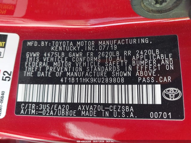 2019 TOYOTA CAMRY SE 9