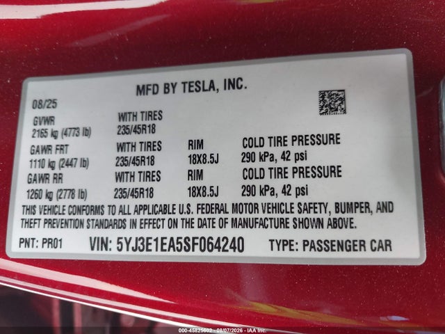 2025 Tesla MODEL 3 LONG RANGE REAR-WHEEL DRIVE/STANDARD REAR- 照片 9