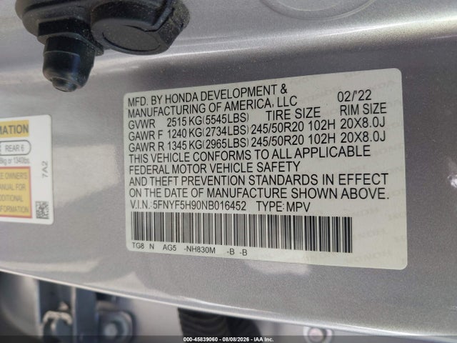 2022 HONDA PILOT 2WD TOURING 8 PASSENGER 9