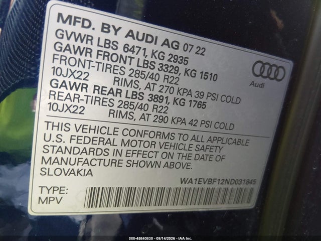 2022 AUDI Q8 PREMIUM PLUS 55 TFSI QUATTRO TIPTRONIC 9