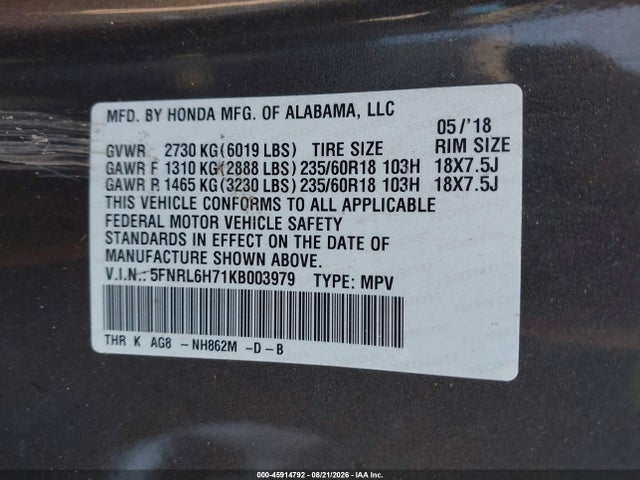 2019 HONDA ODYSSEY EX-L 9