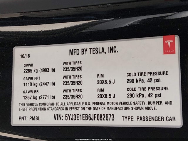 2018 TESLA MODEL 3 LONG RANGE/PERFORMANCE 9