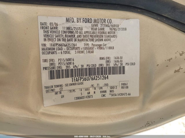 2006 FORD TAURUS SEL 照片 9