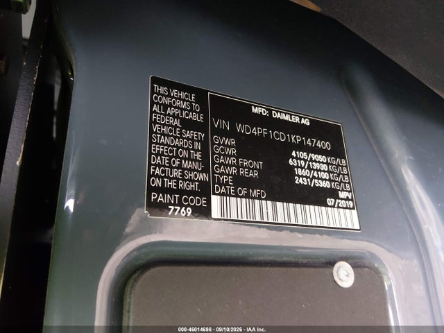 2019 MERCEDES-BENZ SPRINTER 2500 HIGH ROOF V6 9