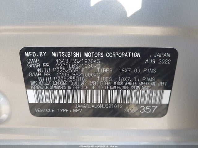 2022 MITSUBISHI OUTLANDER SPORT 2.0 BE AWC/2.0 ES AWC/2.0 LE AWC/2.0 SE AWC/2.0 SE SPECIAL EDITION AWC 9