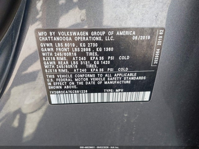 2019 VOLKSWAGEN ATLAS 3.6L V6 S 9