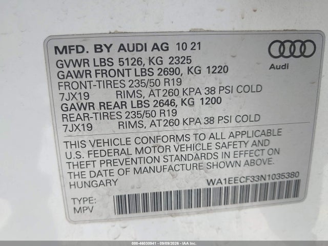 2022 AUDI Q3 PREMIUM PLUS 45 TFSI S LINE QUATTRO TIPTRONIC 9