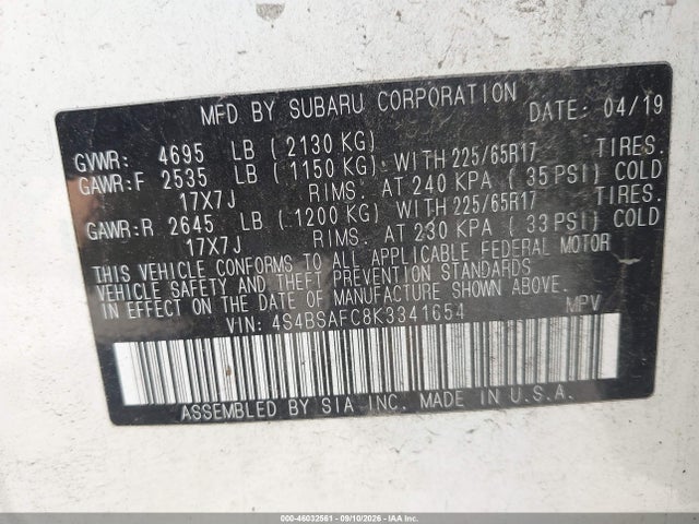 2019 SUBARU OUTBACK 2.5I PREMIUM 9