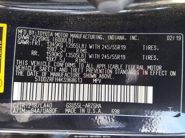 2019 TOYOTA HIGHLANDER LIMITED PLATINUM 9
