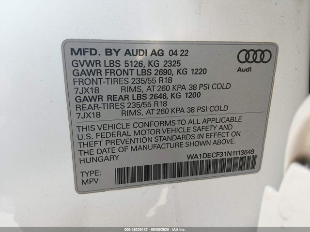 2022 AUDI Q3 PREMIUM 45 TFSI S LINE QUATTRO TIPTRONIC 9