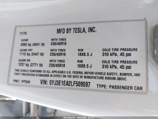 2020 TESLA MODEL 3 STANDARD RANGE PLUS REAR-WHEEL DRIVE/STANDARD RANGE REAR-WHEEL DRIVE 9