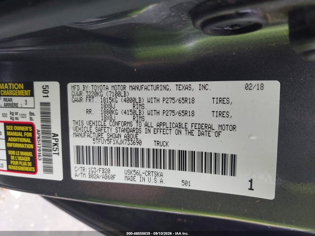 2018 TOYOTA TUNDRA SR5 5.7L V8 9