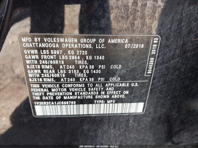2018 VOLKSWAGEN ATLAS 3.6L V6 SE 9