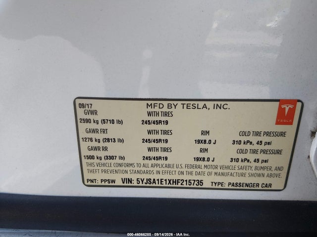 2017 TESLA MODEL S 60/75 9