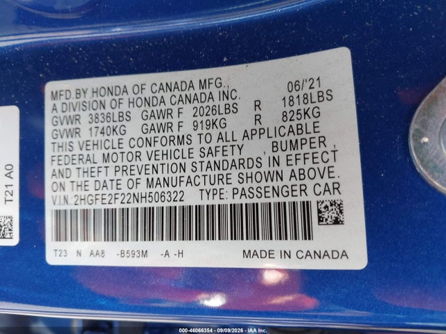 2022 HONDA CIVIC LX 9