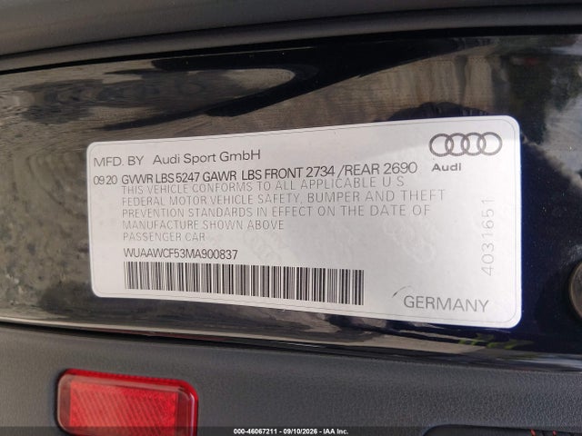 2021 AUDI RS 5 SPORTBACK TFSI QUATTRO TIPTRONIC 9