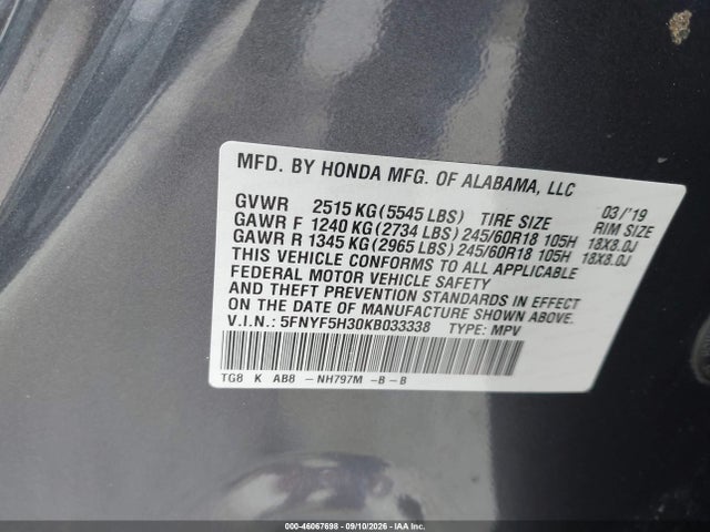 2019 HONDA PILOT EX 9