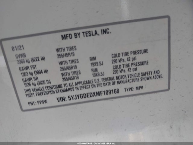 2021 TESLA MODEL Y STANDARD RANGE REAR-WHEEL DRIVE 9