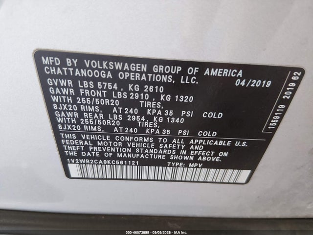 2019 VOLKSWAGEN ATLAS 3.6L V6 SE W/TECHNOLOGY 9