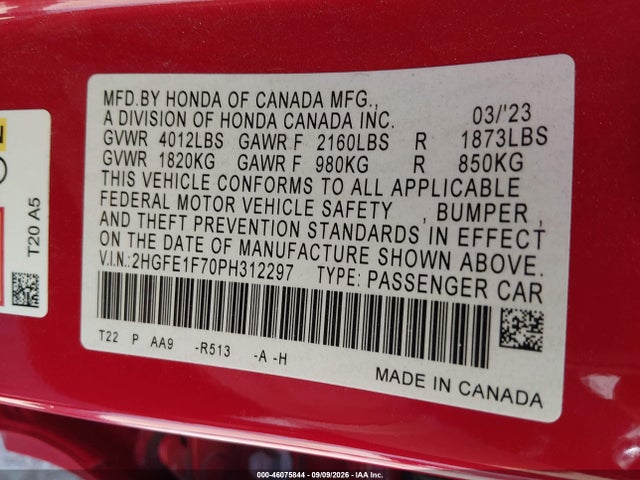 2023 HONDA CIVIC EX/EX W/O BSI 9