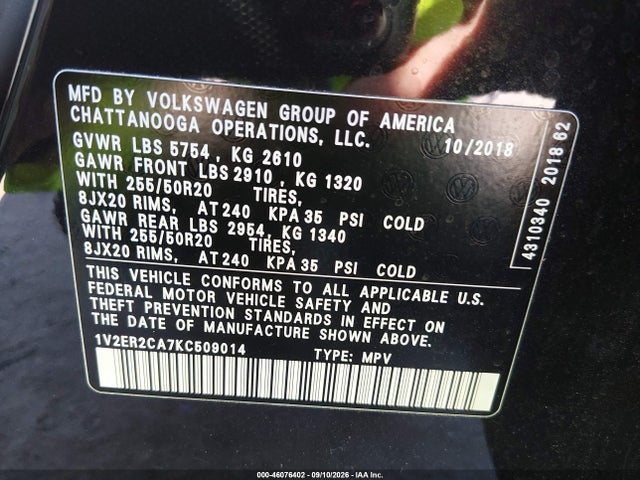 2019 VOLKSWAGEN ATLAS 3.6L V6 SEL 9