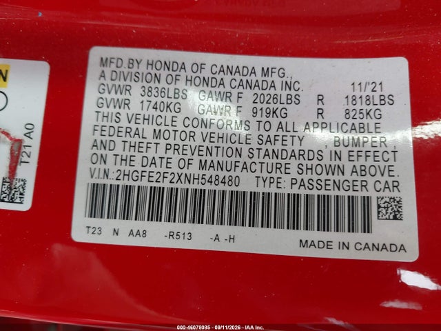 2022 HONDA CIVIC LX 9