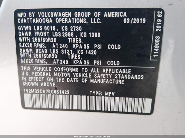 2019 VOLKSWAGEN ATLAS 3.6L V6 SEL 9