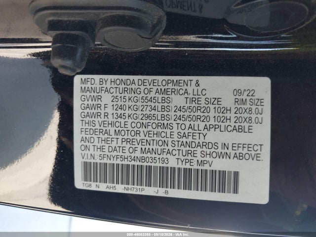 2022 HONDA PILOT 2WD SPORT 9