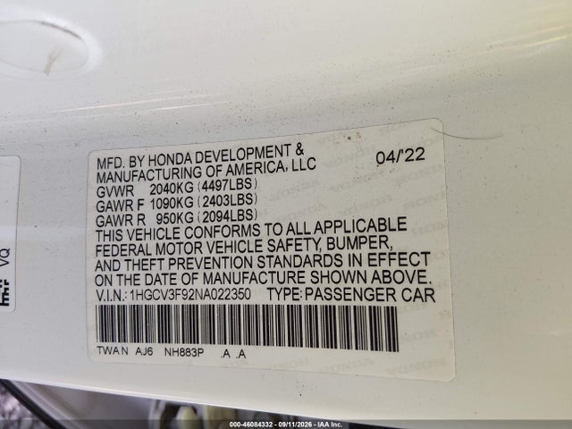 2022 HONDA ACCORD HYBRID TOURING 9