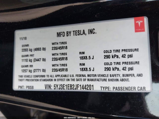 2018 TESLA MODEL 3 LONG RANGE/PERFORMANCE 9