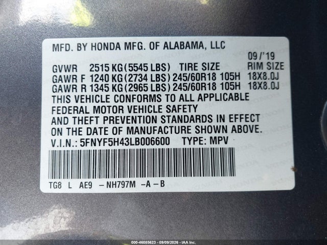 2020 HONDA PILOT 2WD EX-L W/NAVI 9