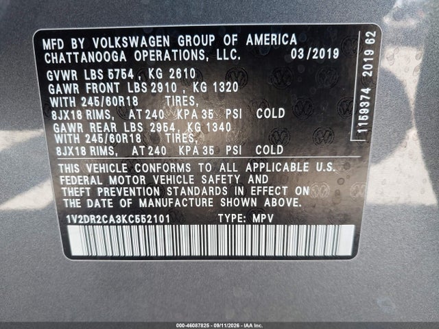 2019 VOLKSWAGEN ATLAS 3.6L V6 SE 9