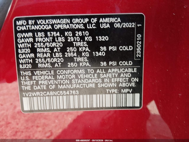 2022 VOLKSWAGEN ATLAS 3.6L V6 SE W/TECHNOLOGY 9