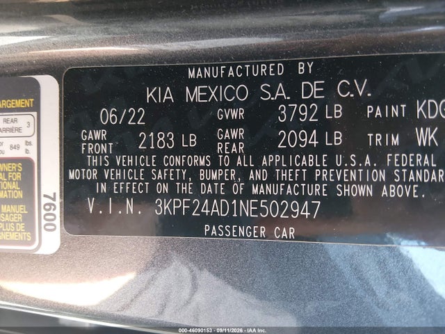 2022 KIA FORTE FE 9