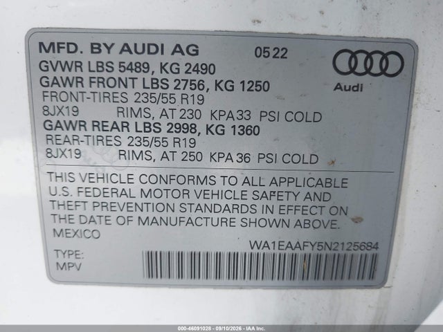 2022 AUDI Q5 PREMIUM PLUS 45 TFSI S LINE QUATTRO S TRONIC 9