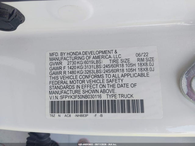 2022 HONDA RIDGELINE RTL 9