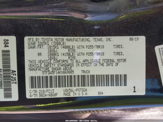 2019 TOYOTA TUNDRA SR5 5.7L V8 9