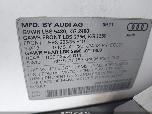 2022 AUDI Q5 PREMIUM 45 TFSI S LINE QUATTRO S TRONIC 9