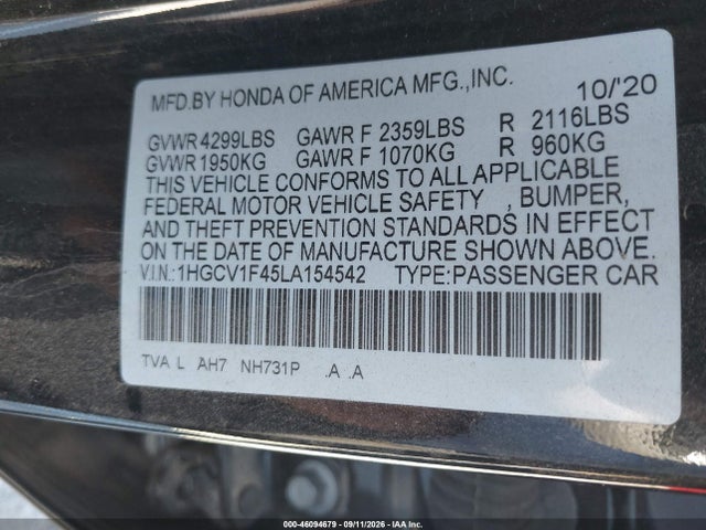 2020 HONDA ACCORD EX 9