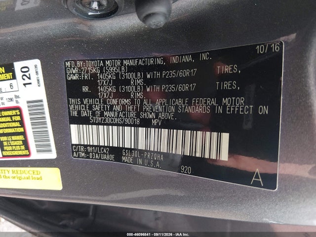 2017 TOYOTA SIENNA XLE 8 PASSENGER 9