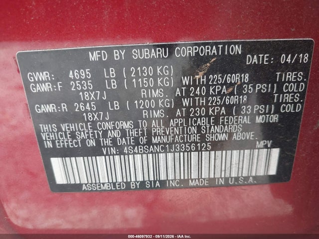 2018 SUBARU OUTBACK 2.5I LIMITED 9